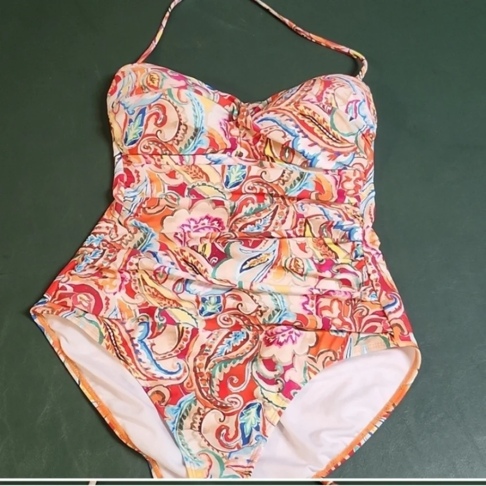 LAUREN RALPH LAUREN Sunrise Paisley Ruched Halter One-Piece Swimsyit Size 10